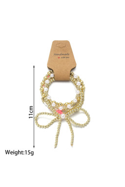 Gold Bow Pearl Cross Beaded Bracelet Set