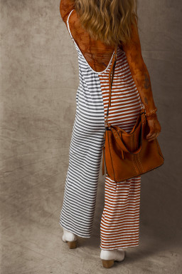Yellow Stripe Color Block Spaghetti Strap Backless Overall
