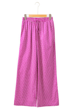 Pink Plaid Print Drawstring High Waist Wide Leg Casual Pocket Pants