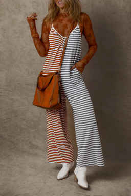 Yellow Stripe Color Block Spaghetti Strap Backless Overall