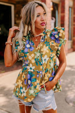 Yellow Floral Print Tie V Neck Ruffle Top