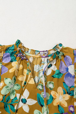 Yellow Floral Print Tie V Neck Ruffle Top