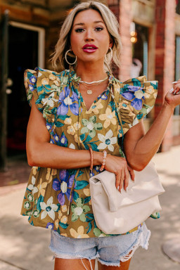 Yellow Floral Print Tie V Neck Ruffle Top