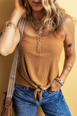 Straw Yellow Ribbed Front Knot Buttoned Thin Strap Cami Top
