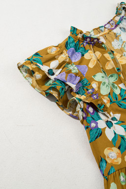 Yellow Floral Print Tie V Neck Ruffle Top