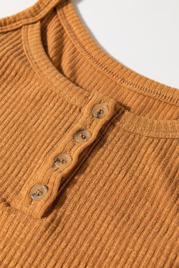 Straw Yellow Ribbed Front Knot Buttoned Thin Strap Cami Top