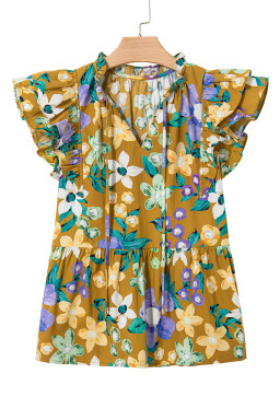 Yellow Floral Print Tie V Neck Ruffle Top