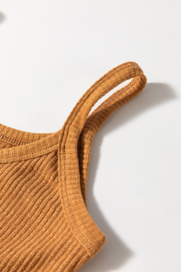 Straw Yellow Ribbed Front Knot Buttoned Thin Strap Cami Top