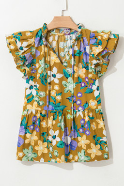 Yellow Floral Print Tie V Neck Ruffle Top