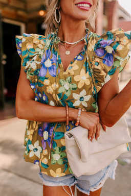 Yellow Floral Print Tie V Neck Ruffle Top