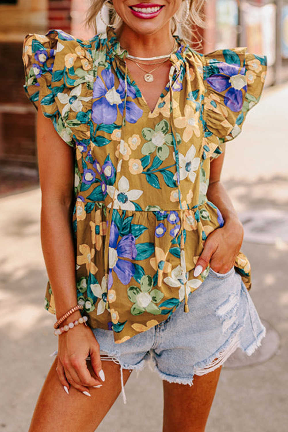 Yellow Floral Print Tie V Neck Ruffle Top