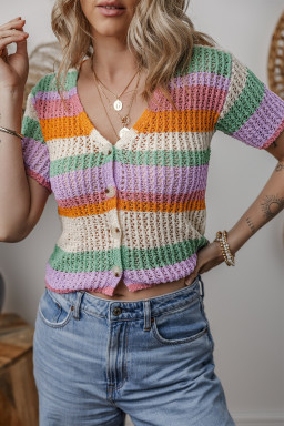 Orange Colorblock Striped Cropped Pointelle Knit Top