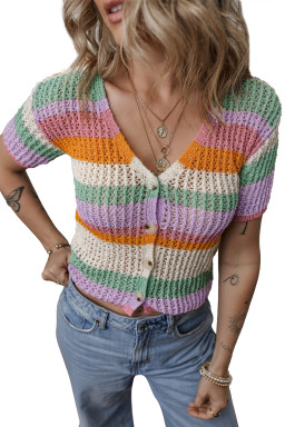 Orange Colorblock Striped Cropped Pointelle Knit Top