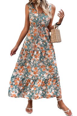 Green Floral Print Trimmed V Neck Sleeveless Vacation Dress