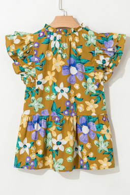 Yellow Floral Print Tie V Neck Ruffle Top
