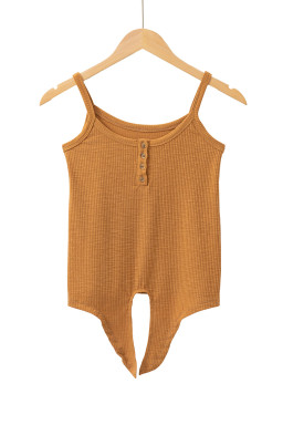Straw Yellow Ribbed Front Knot Buttoned Thin Strap Cami Top
