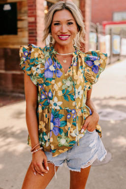 Yellow Floral Print Tie V Neck Ruffle Top