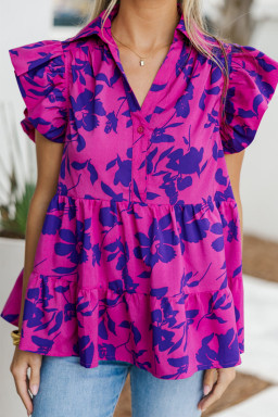Rose Floral Print Collared Flutter Sleeve Blouse