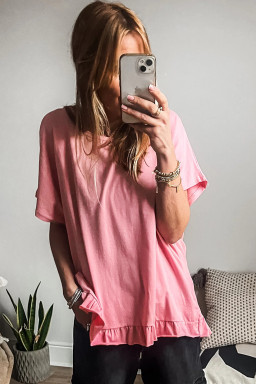 Pink Frill Hem Solid Color Loose T-Shirt