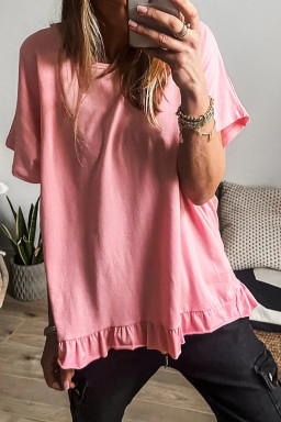 Pink Frill Hem Solid Color Loose T-Shirt