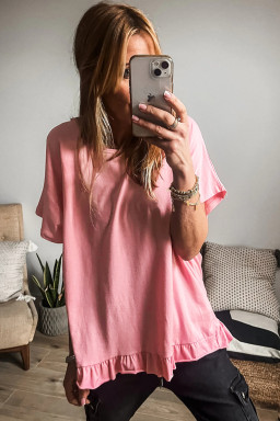 Pink Frill Hem Solid Color Loose T-Shirt
