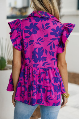 Rose Floral Print Collared Flutter Sleeve Blouse