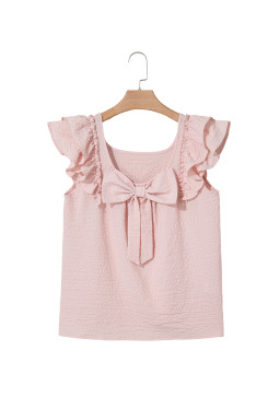 Gossamer Pink Textured Bow Frilled Ruffle Sleeve Blouse
