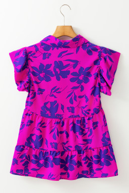 Rose Floral Print Collared Flutter Sleeve Blouse