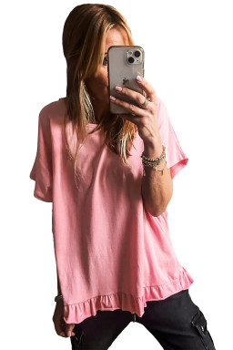 Pink Frill Hem Solid Color Loose T-Shirt