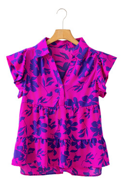 Rose Floral Print Collared Flutter Sleeve Blouse
