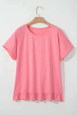 Pink Frill Hem Solid Color Loose T-Shirt