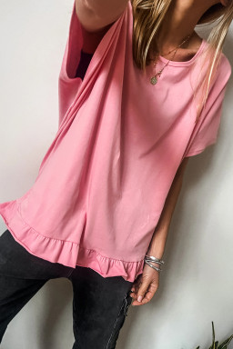 Pink Frill Hem Solid Color Loose T-Shirt