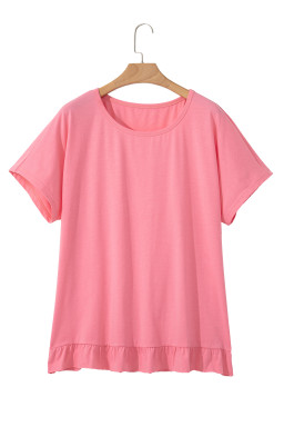 Pink Frill Hem Solid Color Loose T-Shirt
