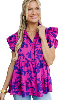 Rose Floral Print Collared Flutter Sleeve Blouse