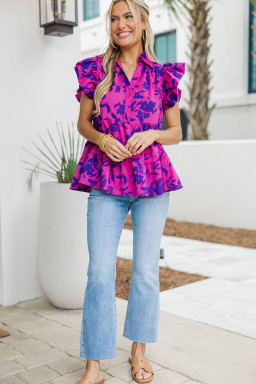 Rose Floral Print Collared Flutter Sleeve Blouse