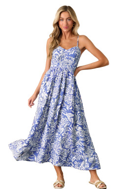 Sky Blue Floral Print Spaghetti Strap High Waist Maxi Dress