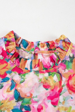 Multicolour Lace Trim Ruffle Short Sleeve Floral Blouse