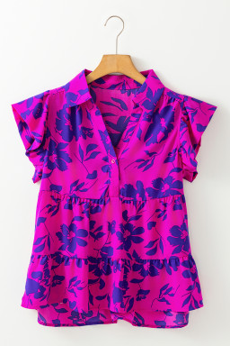 Rose Floral Print Collared Flutter Sleeve Blouse
