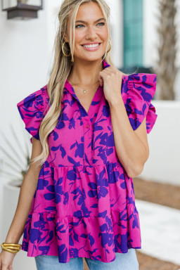 Rose Floral Print Collared Flutter Sleeve Blouse