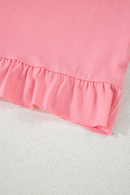 Pink Frill Hem Solid Color Loose T-Shirt