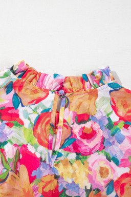 Multicolour Lace Trim Ruffle Short Sleeve Floral Blouse