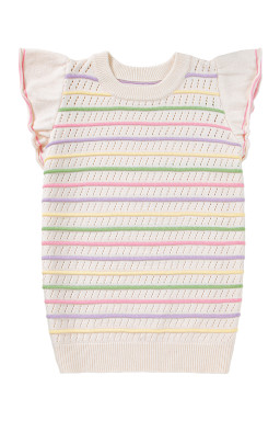 Oatmeal Colorful Striped Eyelet Knit Ruffle Top