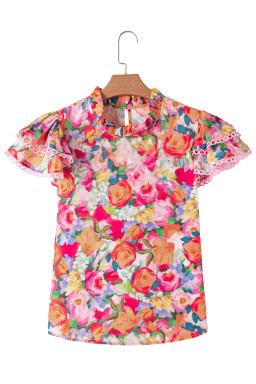 Multicolour Lace Trim Ruffle Short Sleeve Floral Blouse