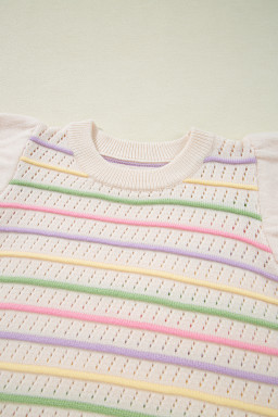 Oatmeal Colorful Striped Eyelet Knit Ruffle Top