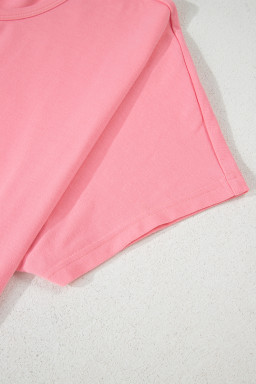 Pink Frill Hem Solid Color Loose T-Shirt