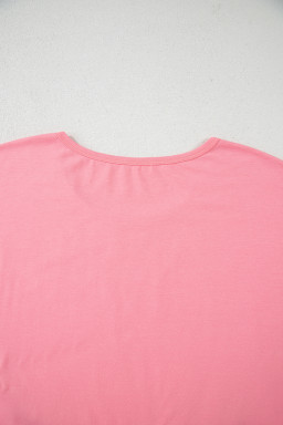 Pink Frill Hem Solid Color Loose T-Shirt