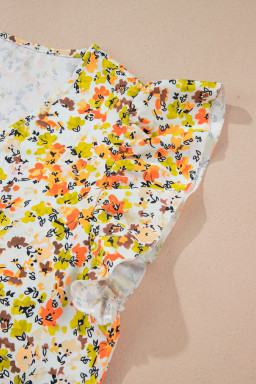 Green Floral Print Ruffle V Neck Short Sleeve Blouse