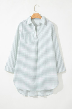 White Stripe Collared V Neck Chest Pocket Long Sleeve Beach Cover up