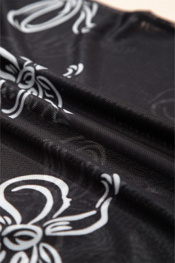 Black Bow Print Mesh Short Sleeve Top