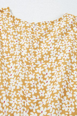 Yellow Floral Short Sleeve V Neck Frill Tiered Mini Dress